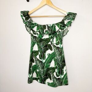 Palm Leaves Ruffle Dress Mini Resort Wear off Shoulder Ruffle Lantern L'Atiste